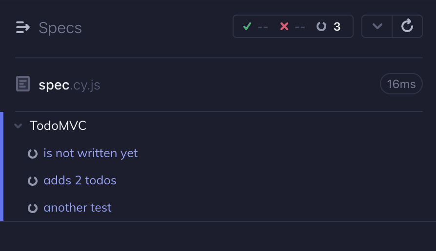 Cypress with three pending test